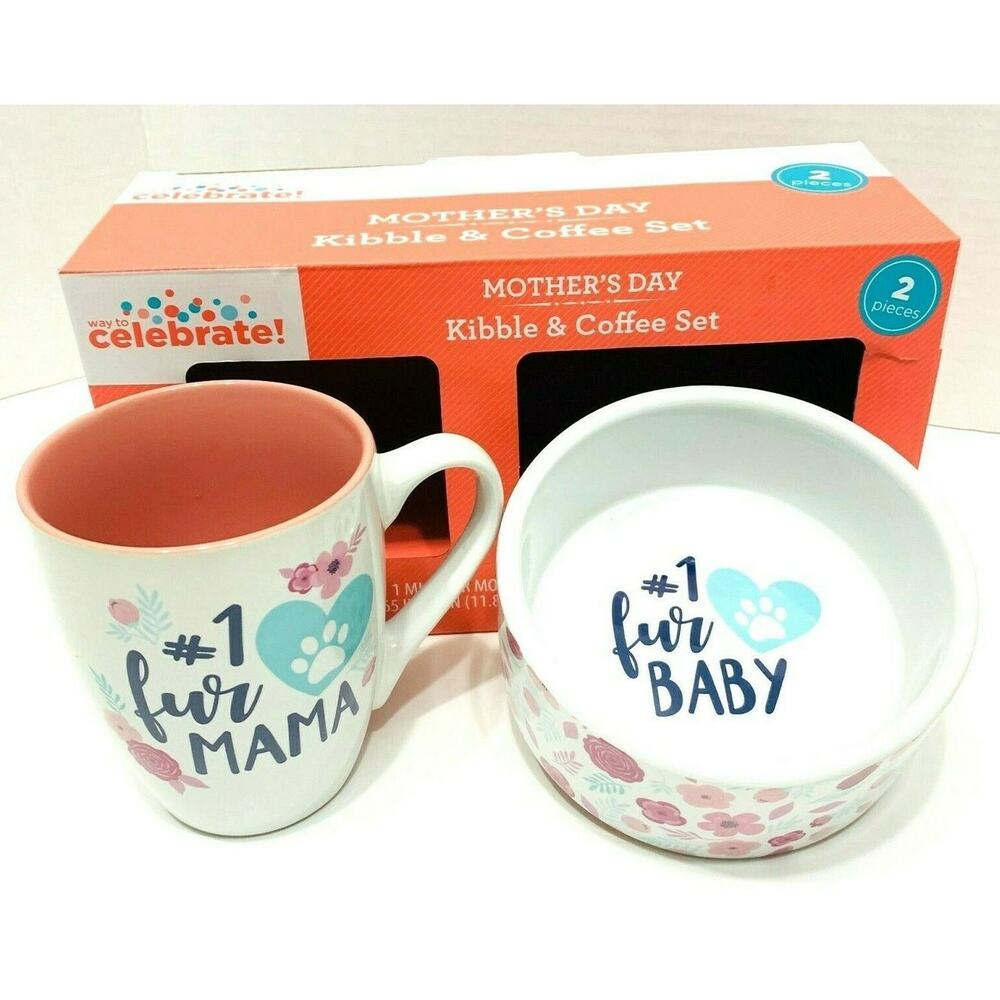 Mother’s Day Kibble & Coffee Set of 2 Pieces One Mug for Mom and a Pet Bowl New
